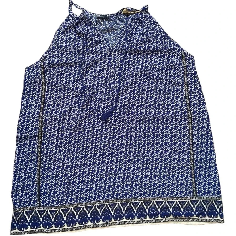 Fleur Blue Blue and White Print Halter Tank with Tassles Large